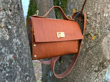 Load image into Gallery viewer, leather bag with wooden accessories in brown
